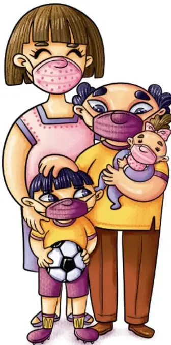 Ilustración de una familia (madre, padre, hijo con balón de fútbol y bebé con peluche) usando cubrebocas, sobre fondo blanco. Crédito: Lavinia Cabrera Sandoval, TABASCO.