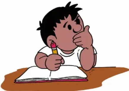 Ilustración de un niño pensativo con lápiz y cuaderno, escribiendo. Crédito: Israel Campos de León, Coahuila.