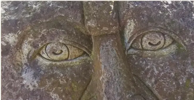 Fotografía en primer plano de los ojos y la nariz tallados en una de las cabezas gigantes, con la piedra cubierta de tonos verdosos por el musgo.