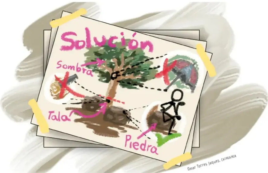 Ilustración de una lámina escolar dibujada a mano con cinta adhesiva, titulada 'Solución' en letras rosas, que muestra un árbol, una persona con palos, tierra, una piedra y etiquetas 'Sombra', 'Tala' y 'Piedra' unidas por líneas discontinuas y cruces rojas. Crédito: Omar Torres Jáquez, Chihuahua.