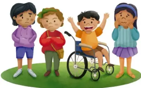 Ilustración de cuatro niños y niñas con distintas expresiones emocionales; uno usa silla de ruedas.