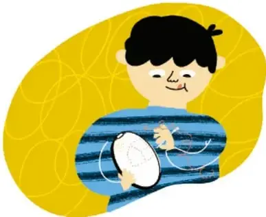 Ilustración de un niño tejiendo o cosiendo con un ovillo de lana, sobre un fondo amarillo, representa que los niños también pueden realizar actividades asociadas a las niñas.
