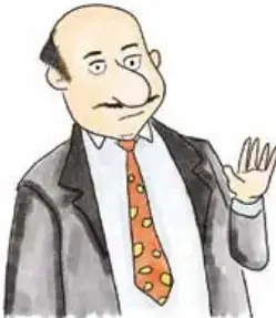 Ilustración de un hombre calvo con bigote, traje gris y corbata naranja con lunares, que levanta la mano derecha con gesto de sorpresa o rabia.