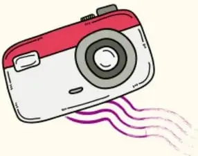 Ícono ilustrado de una cámara fotográfica roja y blanca con líneas onduladas moradas, alusivo a documentar o fotografiar historias.