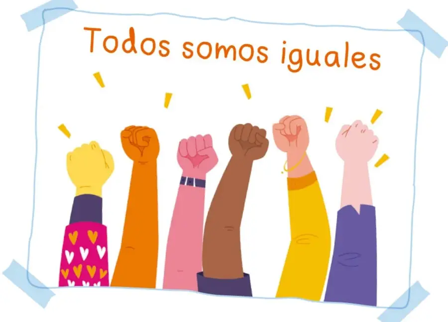 Ilustración de seis manos levantadas de distintos colores de piel, con la frase «Todos somos iguales» escrita en la parte superior, sujeta con cinta adhesiva azul.