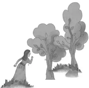 Ilustración de un castillo con una torre, una ventana con una persona asomada y nubes alrededor.