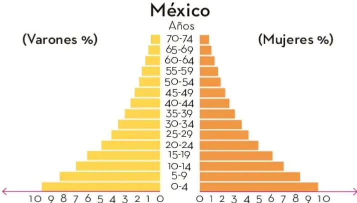 Pirámide poblacional de México: gráfica de barras horizontales con los grupos de edad de 0-4 a 70-74 en el eje central; a la izquierda el porcentaje de varones y a la derecha el de mujeres, con escala de 0 a 10. Las barras más largas están en la base (grupos 0-4, 5-9, 10-14) y se acortan hacia la cima, formando una pirámide progresiva.