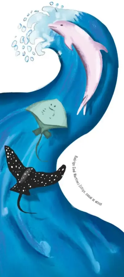 Ilustración de una gran ola azul con un delfín rosado saltando y dos mantarrayas (una verde claro y una negra con manchas blancas) nadando. Firma: Rodrigo Gad Valenzuela, obra 19 de México.