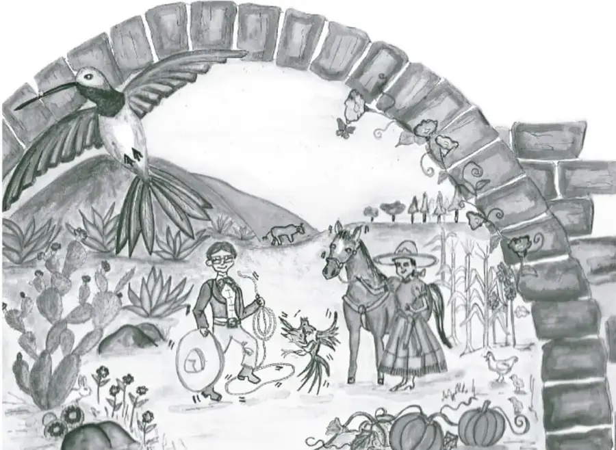 Ilustración en blanco y negro de un paisaje rural con un colibrí, un hombre con lazo, una mujer con vestido tradicional, un caballo, cactus y un arco de piedra. Alude a la comunidad y la convivencia.