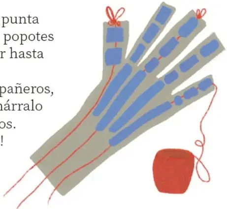 Mano de cartón gris con popotes azules y estambre rojo pasando por ellos hasta la muñeca, junto a un ovillo de estambre rojo.