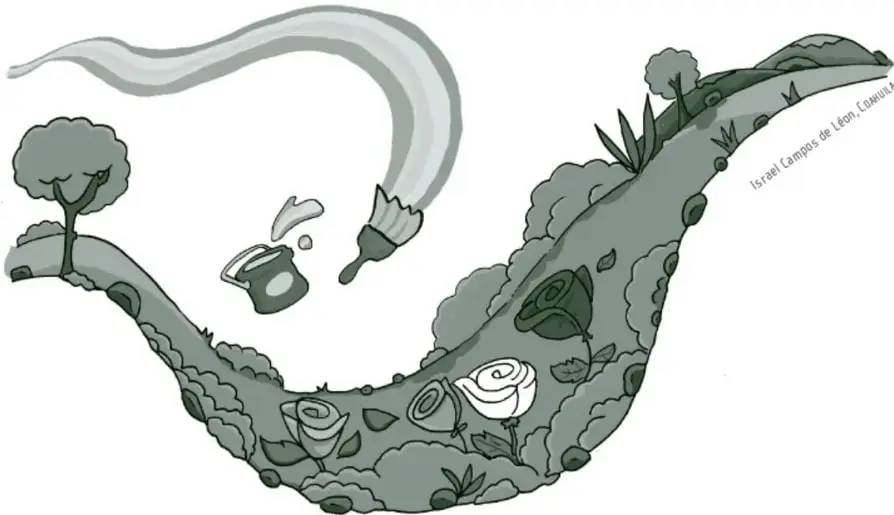 Ilustración en tonos verdes y grises que muestra un camino ondulado con árboles, arbustos y rosas; sobre él flotan una taza y una brocha de pintura, y una cinta ondulante recorre la parte superior. En el borde derecho se lee el crédito 'Israel Campos de León (Camila)'.