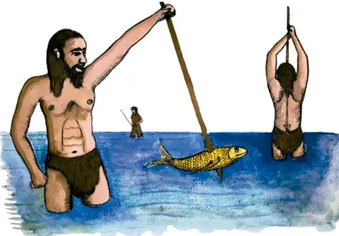 Ilustración de tres personas prehistóricas pescando: un hombre sostiene una lanza con un pez ensartado, otro levanta una red o arpón, y al fondo una figura pequeña con una caña. Crédito: Miguel Ángel Luna Vargas, Morelos.