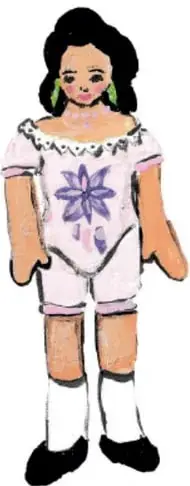 Ilustración de una niña con vestido blanco y bordado floral, elaborada por Ana Cecilia Gaytán Ortiz, Guanajuato.