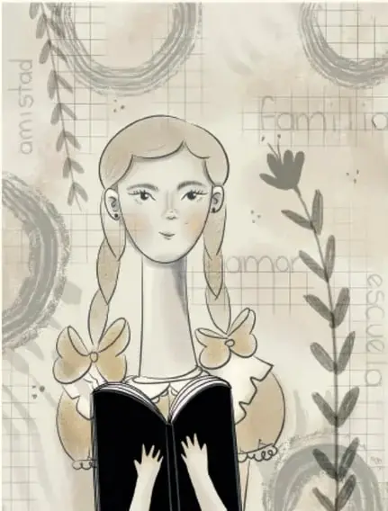 Dibujo en tonos sepia y gris de una niña con trenzas leyendo un libro negro, sobre un fondo cuadriculado con las palabras "ciudad", "familia", "amor" y "escuela" y una planta. Crédito: Ana María Hernández Hernández.