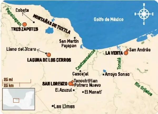 Mapa de la zona nuclear olmeca con el golfo de México, montañas de Tuxtla, ríos Coatzacoalcos, Tonalá y Grijalva, y sitios como La Venta, San Lorenzo, Tres Zapotes, Laguna de los Cerros.