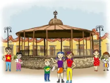 Ilustración de un kiosco de la comunidad con niños y niñas; crédito: Citlali González Tapia y Daniela Estrello Montero, Ciudad de México.