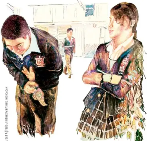 Ilustración de dos estudiantes en la escuela; uno sostiene un lonche y una estudiante con uniforme escolar lo observa.