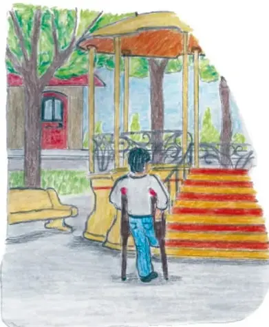 Ilustración de un niño en un patio con un columpio y rampa de colores, de espaldas; crédito Gabriel Ramón García, Veracruz.