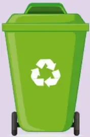 Cartel con la frase "Coloca la basura en el contenedor" y un contenedor verde con símbolo de reciclaje.