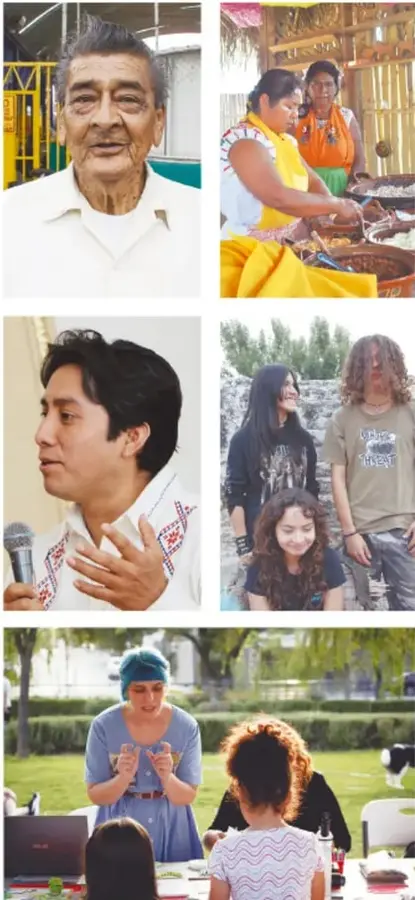 Cinco fotografías: un hombre mayor, dos mujeres en un mercado tradicional, un hombre hablando con micrófono, un grupo de jóvenes y una mujer conversando con otra persona al aire libre, representando la diversidad de hablantes por región, edad, oficio y condición social.