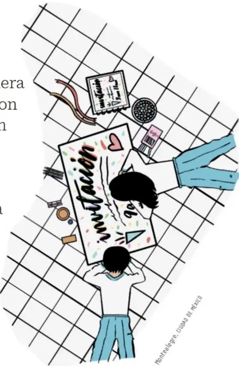 Ilustración de dos estudiantes colocando un cartel que dice 'invitación' sobre una cuadrícula, con materiales de arte; crédito a Melissa Arriaga Montenegro, Ciudad de México.