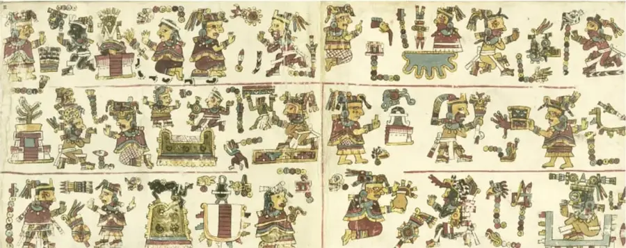 Fragmento de códice con tres registros de personajes con atuendos y glifos, escenas de conquista, tributos y gobierno.