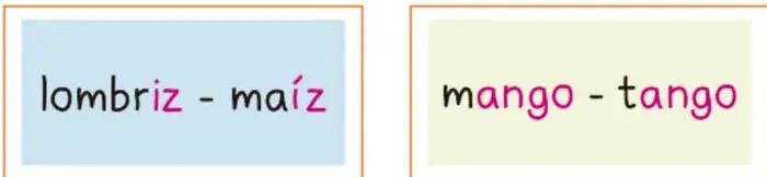 Dos tarjetas: una azul con 'lombriz - maíz' y una verde con 'mango - tango', con las letras rimantes resaltadas en rosa.