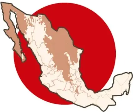 Mapa de México con una zona resaltada en color café sobre un círculo rojo, que corresponde a la región desértica del país.