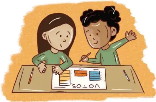Ilustración de dos niñas sentadas a una mesa revisando una revista; una de ellas sostiene un lápiz y la otra levanta la mano. Sobre la mesa hay una hoja con un organizador gráfico y la palabra 'VOLSO'.