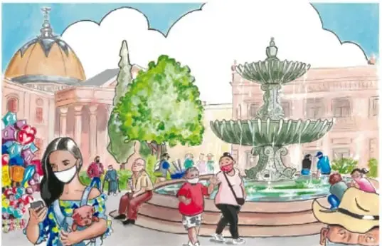 Ilustración de una plaza comunitaria con una fuente, árboles y personas usando cubrebocas; una joven con un bebé en brazos sostiene un teléfono. Al fondo hay edificios con cúpula. Crédito: Alma Guadalupe Vázquez Rosales, SM tus libros.