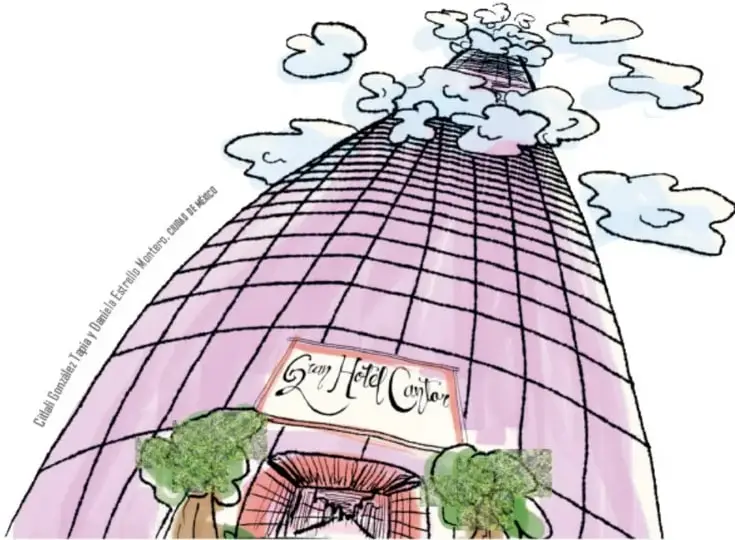 Ilustración de un rascacielos alto y estrecho de color rosa con la fachada de cuadrícula, nubes alrededor, árboles en la base y un letrero que dice 'Gran Hotel Cantor'.
