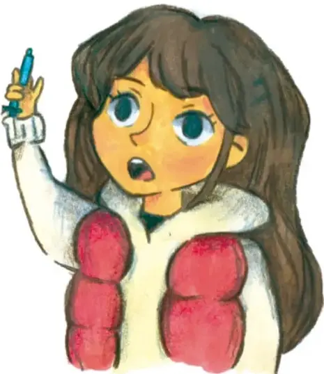 Ilustración de una niña con cabello castaño y abrigo rojo levantando la mano, sosteniendo un objeto azul.