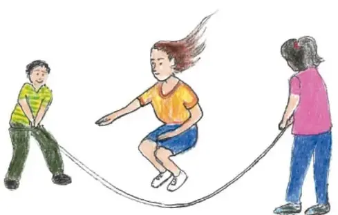 Dibujo de tres niñas jugando saltar la cuerda; crédito Dámazo Martínez Hilario, Guerrero.