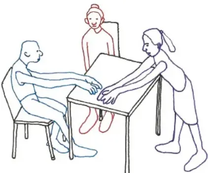 Ilustración lineal de tres personas alrededor de una mesa: dos sentadas y una de pie, como si conversaran o trabajaran en equipo.