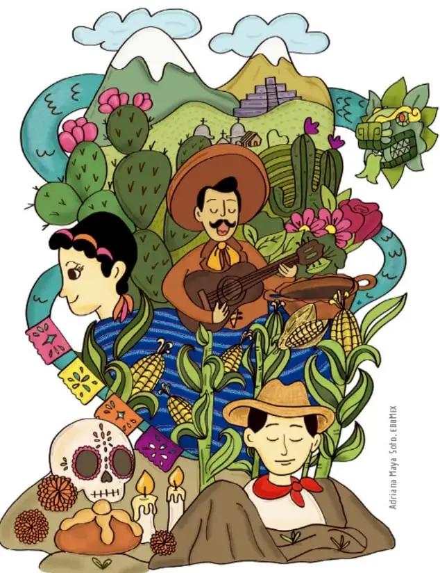 Ilustración colorida con elementos de la cultura mexicana: un mariachero con guitarra y sombrero, una niña con trenzas, un campesino con sombrero, una calavera de azúcar de Día de Muertos con velas y pan, maizales, nopales, pirámide, montañas nevadas, flores, papel picado, molcajete y una serpiente emplumada que enmarca la escena. Crédito vertical: Adriana Haya (apellido completo poco legible).