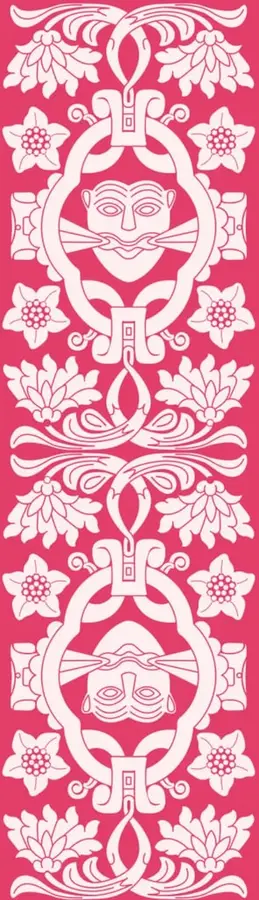 Ilustración decorativa vertical en color rosa con motivos florales y rostros prehispánicos estilizados, característica de la Colección Sk'asolil.
