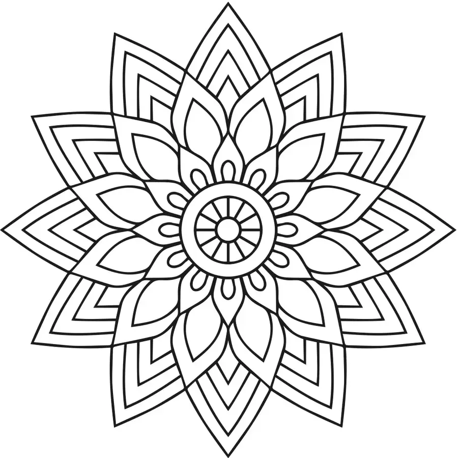 Mandala circular con 8 pétalos grandes de bordes geométricos, hojas internas y un centro con 8 sectores radiales.