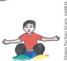 Dibujo de un niño sentado con los brazos abiertos, con pelotas o objetos de colores, que representa la calma y la ayuda.