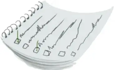 Ilustración de un cuaderno abierto con líneas y marcas de escritura.