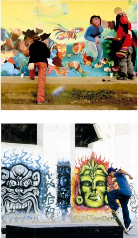 Artistas pintando un mural colorido sobre un muro en la calle, con brochas y cubetas.