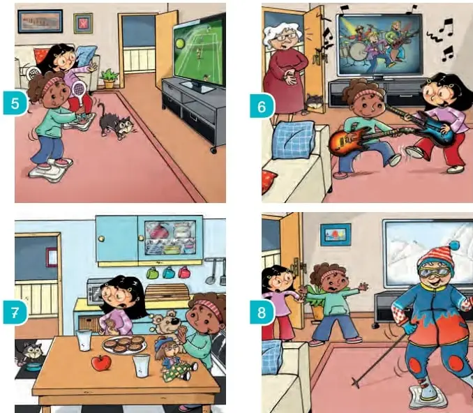 Niños jugando en la sala de estar con una mascota (gato) mientras un adulto lee.
