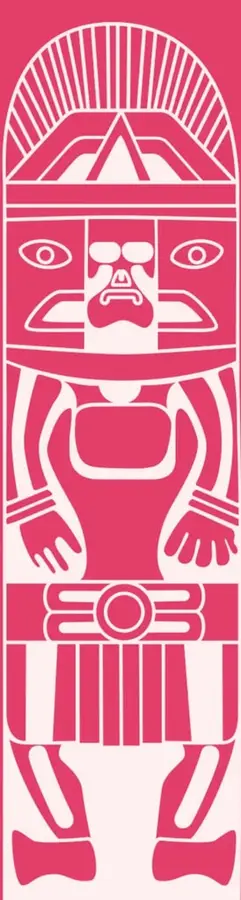 Ilustración estilizada en rosa y blanco de una figura prehispánica o estela vertical, con rostro, tocado radiado, brazos y piernas, sobre fondo rosa.