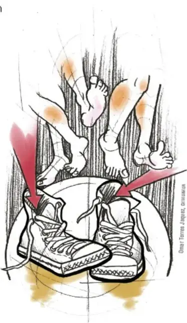 Ilustración de dos zapatos o tenis grandes con piernas y brazos, rodeados de líneas de movimiento y manchas de color, que representa la diversidad y el caminar juntos.