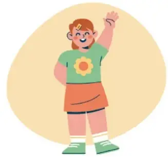 Joven con playera verde y short naranja, levantando la mano derecha, sobre un fondo circular beige. A la izquierda dice «¡Adiós!».