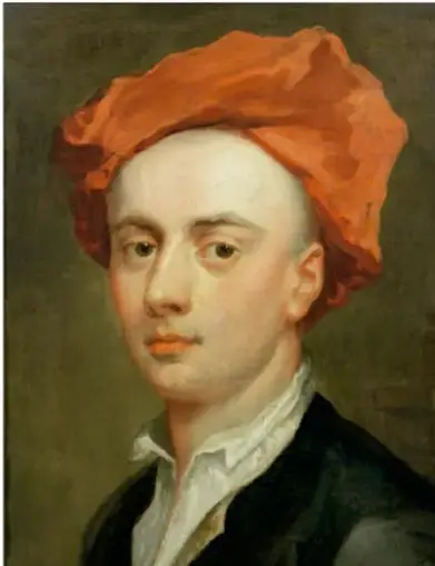 Retrato pictórico de un hombre con sombrero rojo ancho, identificado en el contexto como el escritor John Gay.