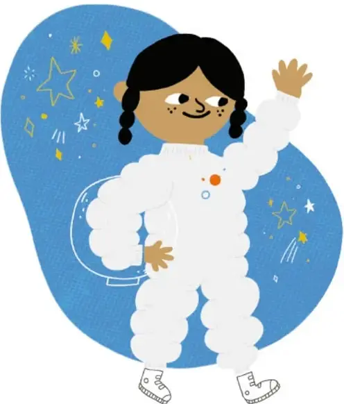 Ilustración de una niña con cabello trenzado sonriente, vestida con un traje de astronauta blanco, levantando la mano, sobre un fondo azul con estrellas.