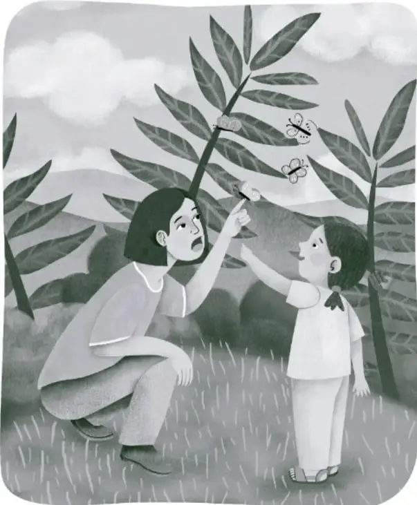 Ilustración en blanco y negro de una mujer adulta agachada señalando una mariposa a una niña pequeña, en un entorno natural con plantas y montañas al fondo. Crédito: Bárbara García Murray, Ciudad de México.