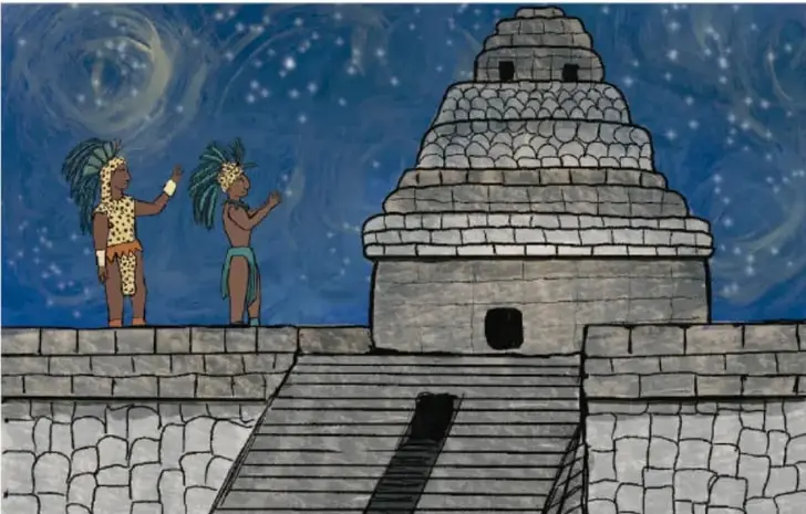 Ilustración de dos personajes indígenas con penachos observando el cielo estrellado junto a una pirámide escalonada de piedra. Crédito: Luz Fernanda Jacinto Rodeo, ciudad de México.