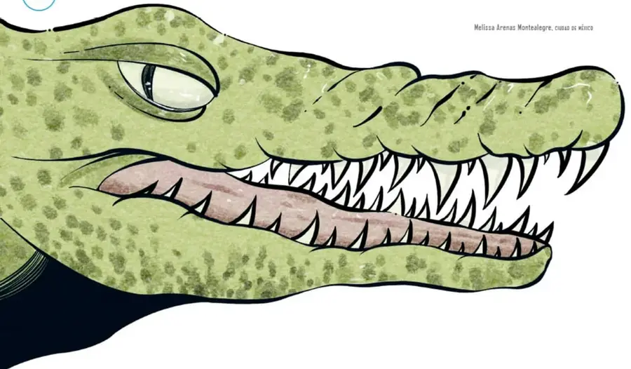 Primer plano gigante de la cabeza del cocodrilo con la boca entreabierta, mostrando ojos y dientes muy afilados; firma de Melissa Arenas Montealegre.