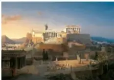 Vista del Partenón de Atenas en la Acrópolis al atardecer.